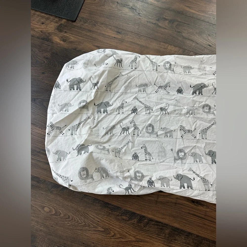 Pottery Barn Kids Organic Cotton Animal Print Fitted Crib Sheet White and Gray